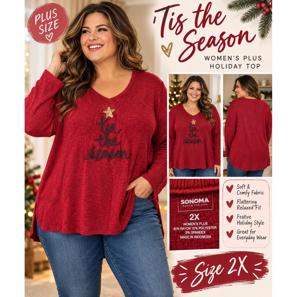 Sonoma Tis The Season Christmas Top Women's Plus 2X Red V-Neck Long Sleeve